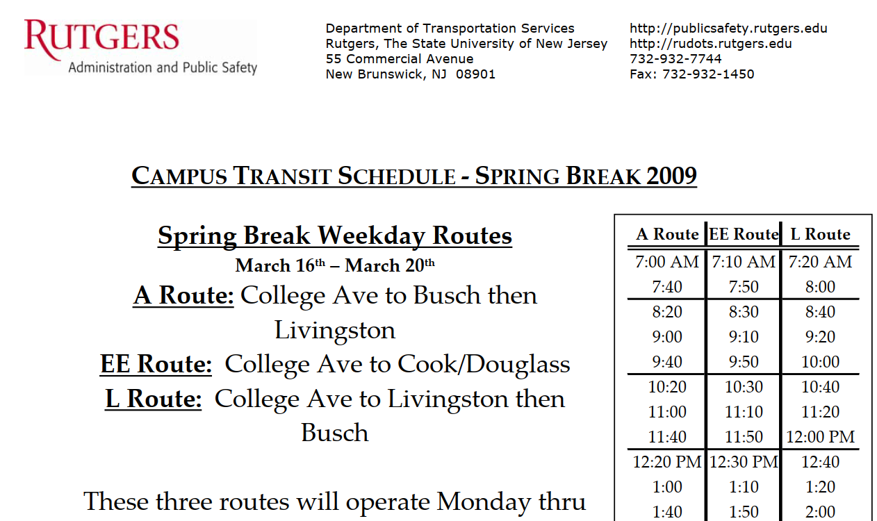 2009 Rutgers Break Schedule